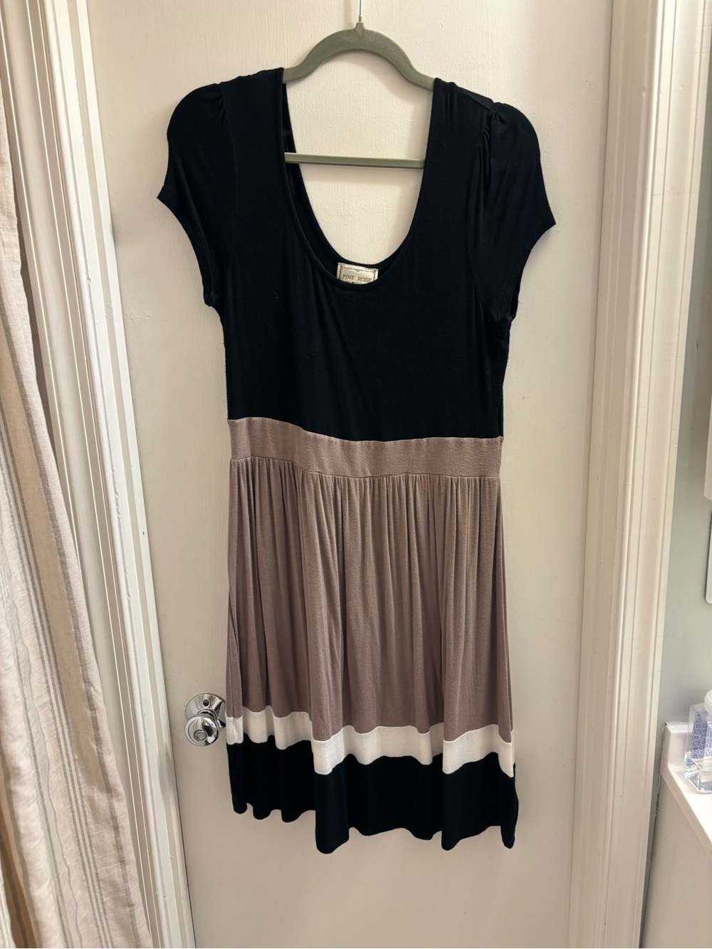 Pink Rose Colorblock Midi Dress Black Taupe Cream Size L